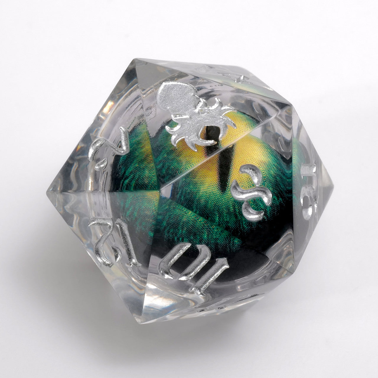 Dragon Eye: Green Iris Single D20 w/ Silver Ink